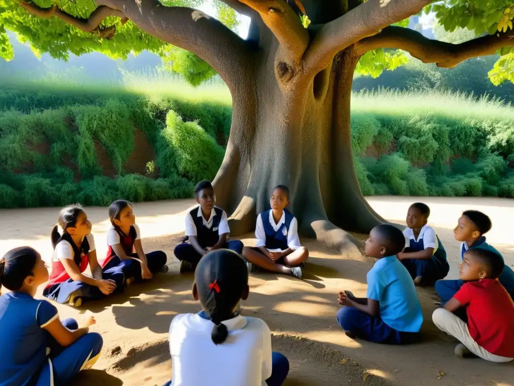 Influencia del entorno en la pedagogía asiática: Profesor y estudiantes aprenden bajo un árbol centenario, inmersos en la naturaleza