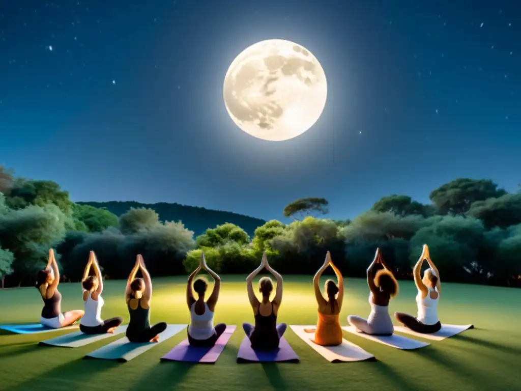 Influencia de las fases lunares en yoga: Clase de yoga al aire libre bajo la luna llena, con practicantes en poses, iluminados por la suave luz lunar