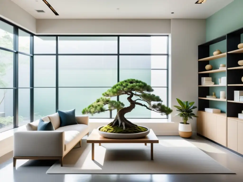 Influencia del Feng Shui en gadgets modernos: Oficina serena y moderna con decoración minimalista, bonsái, agua y luz natural