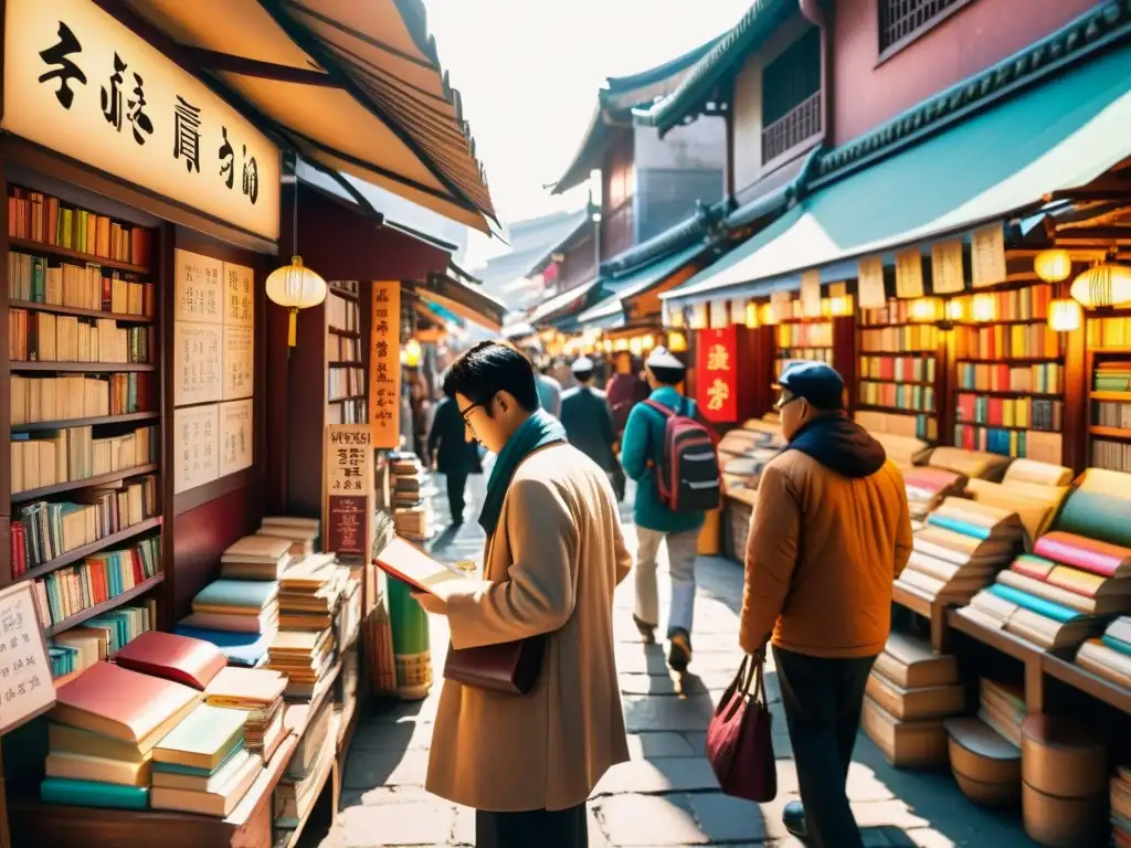 Explorando la influencia global de la literatura asiática en un bullicioso mercado de libros en una ciudad vibrante