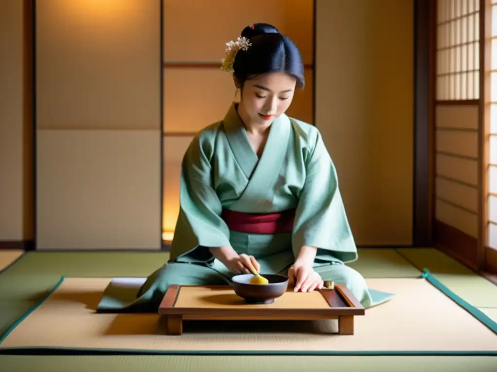 Influencia guerrera en el arte japonés: Ceremonia del té tradicional en una serena sala tatami, con anfitrión y huéspedes ataviados en kimono