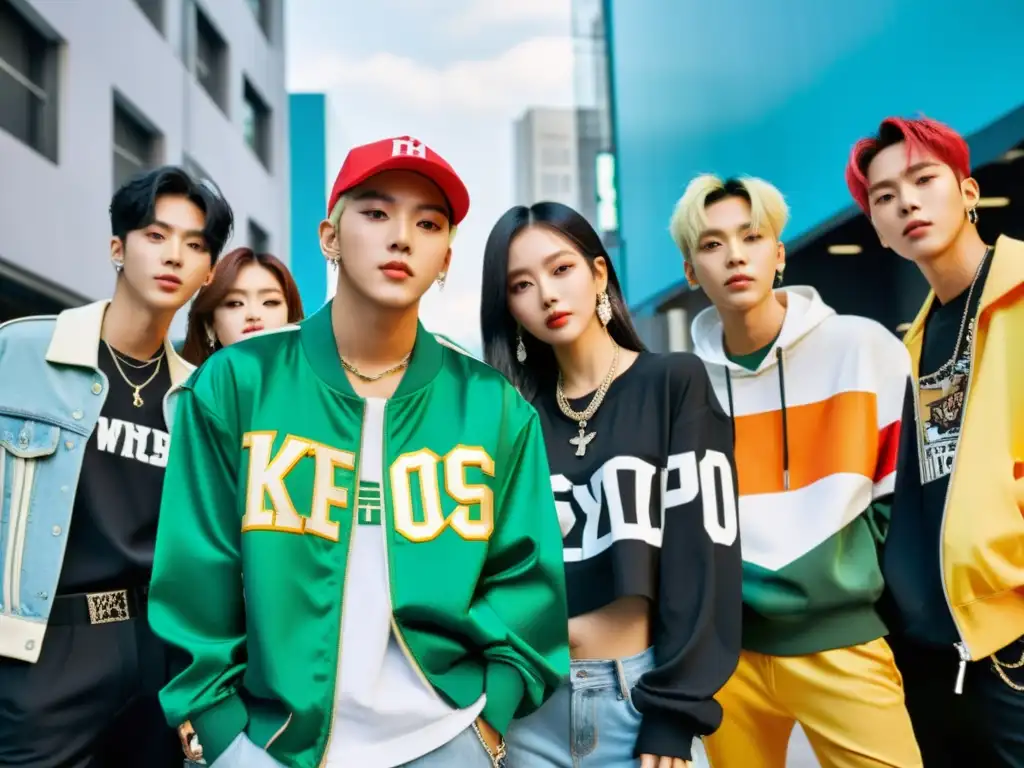 Influencia de los Idols del KPop en la Juventud: Iconos de KPop posando en la ciudad rodeados de fans y cámaras, luciendo moda vanguardista y carisma