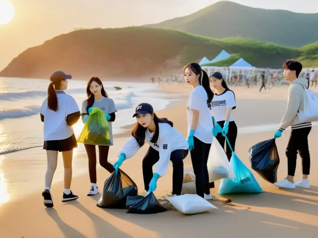 Influencia de los Idols del KPop en la Juventud: Ídolos participando en limpieza de playa, junto a fans, creando comunidad y responsabilidad ambiental al atardecer