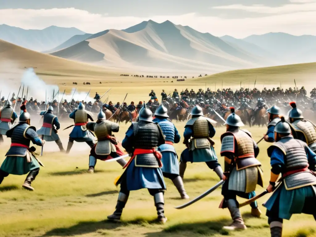 Influencia de invasiones mongolas en samuráis: Batalla épica entre samuráis y soldados mongoles en un paisaje feudal japonés caótico