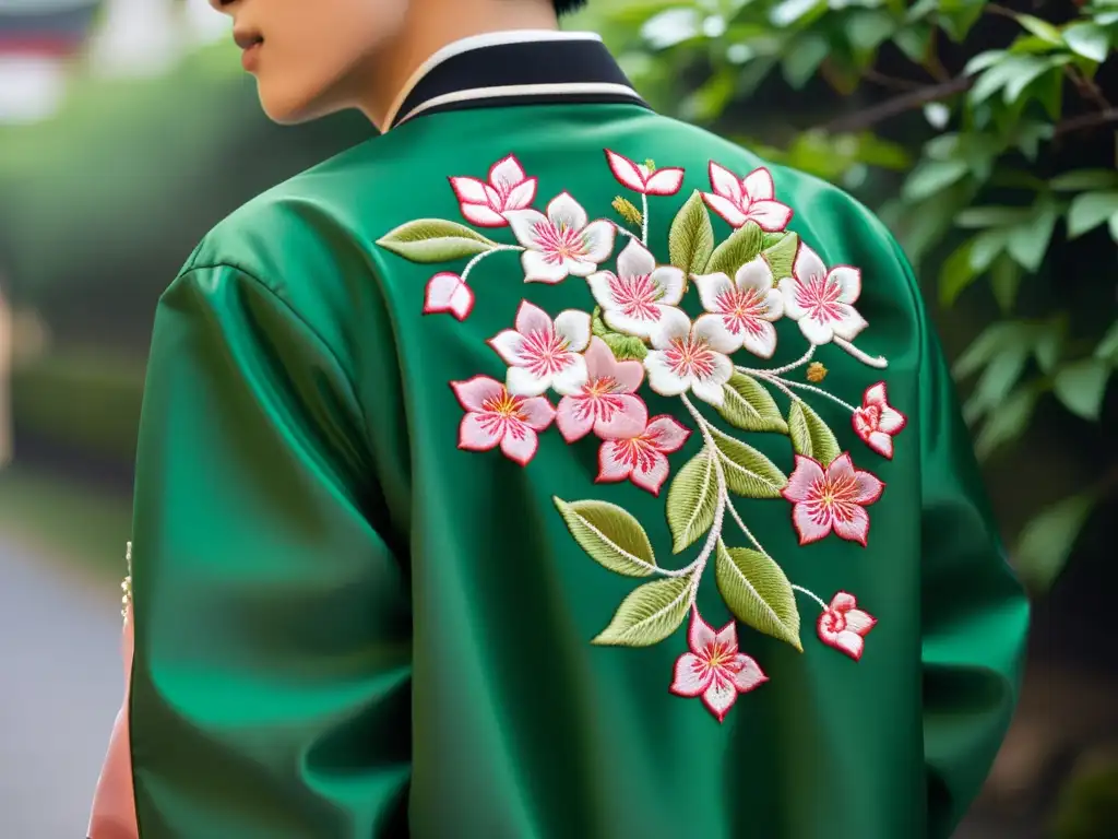 Influencia japonesa en patrones florales: Detalle de bordado en bomber jacket streetwear con motivos de flores de cerezo en tonos vibrantes