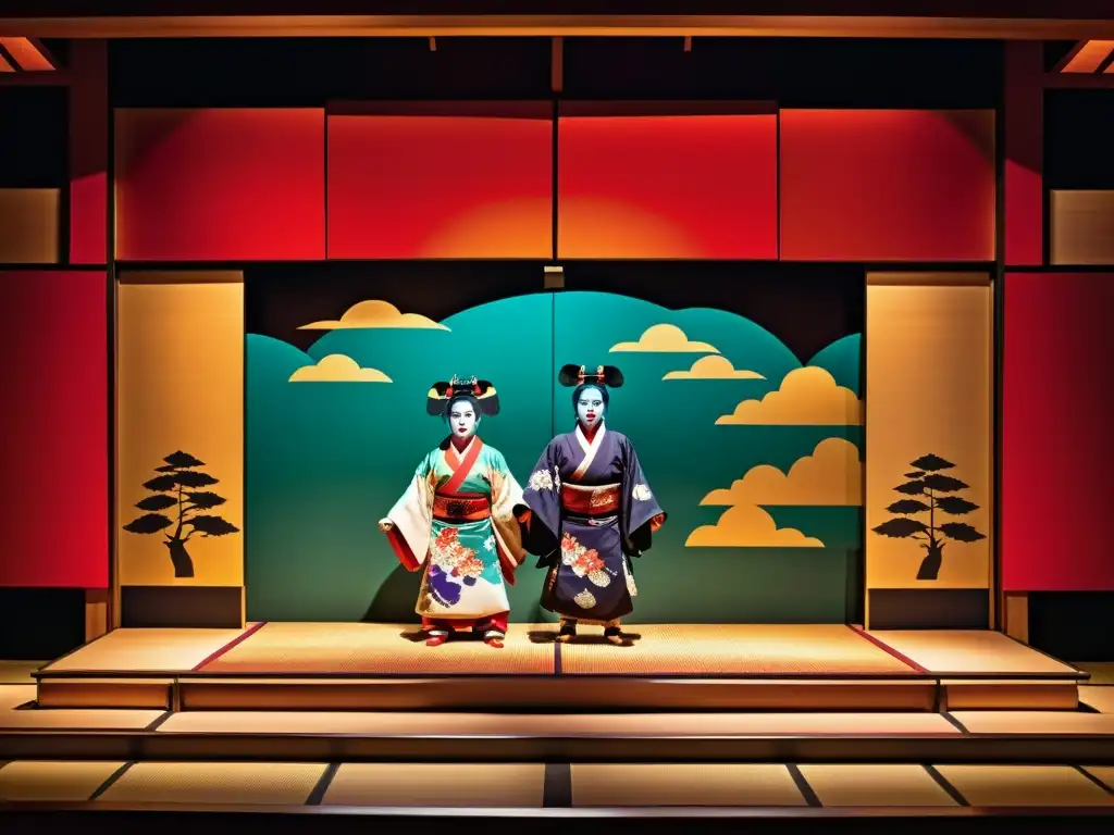 Influencia del kabuki en el arte japonés: Escenario vibrante con actores expresivos y público admirando la intensidad de la actuación