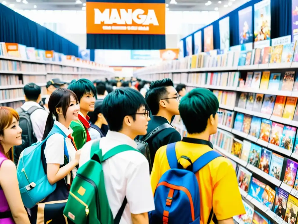 Influencia del Manga en Cultura Occidental: Convención llena de cosplayers y fans, vibrante y colorida con estantes de manga y anime