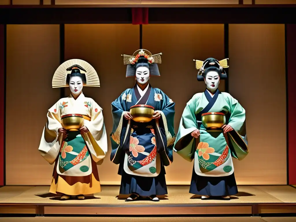 Influencia mitológica en la cultura japonesa: Detallada imagen de una actuación de teatro Noh, con trajes elaborados y máscaras dramáticas