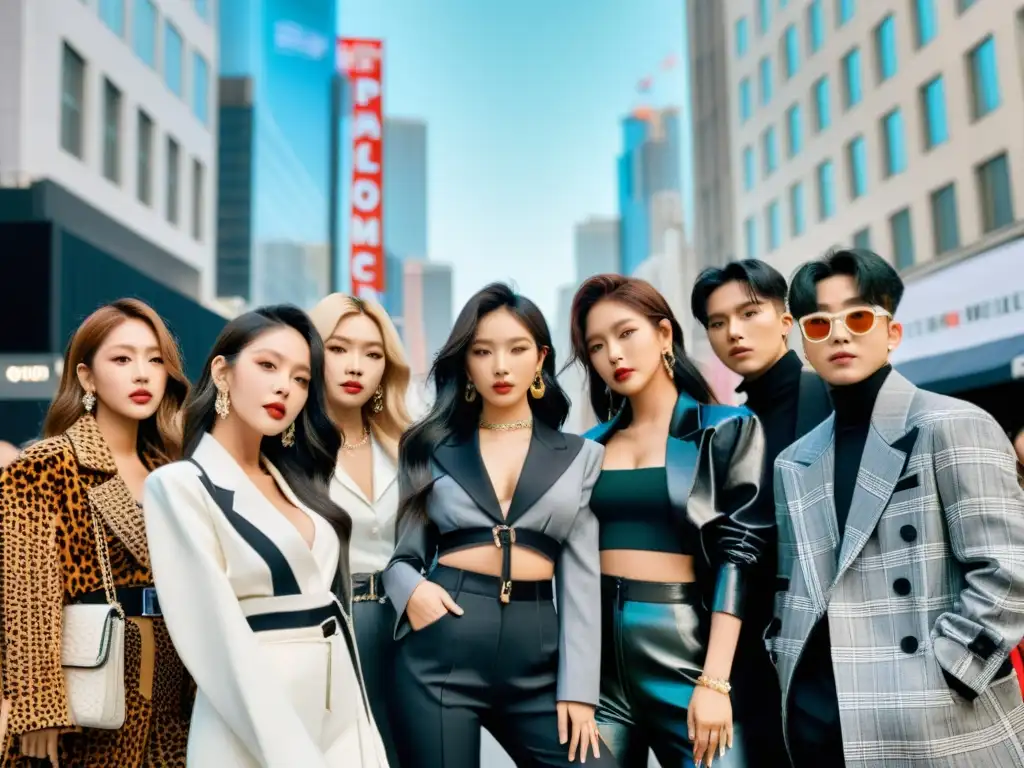 Influencia del KPop en moda: Artistas de KPop vistiendo atuendos de alta moda, posando en una bulliciosa calle de la ciudad durante la semana de la moda, rodeados de fotógrafos y fans, capturando la fusión de la música y la moda a nivel global