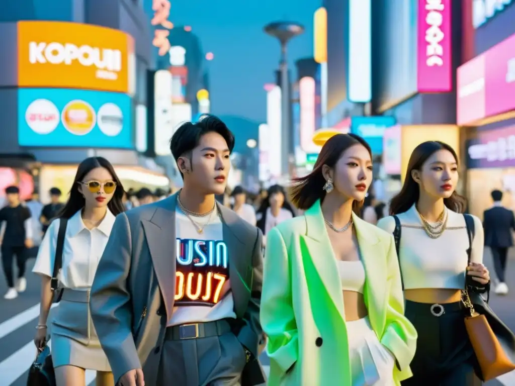 Influencia del KPop en moda asiática: Jóvenes con estilo caminan por una bulliciosa calle de Seúl, con luces de neón de fondo