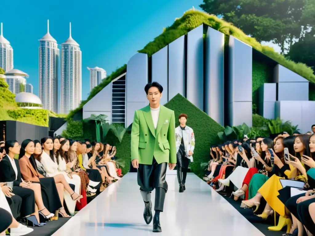 Influencia del KPop en moda: Desfile de moda sostenible en una ciudad futurista con estrellas de KPop