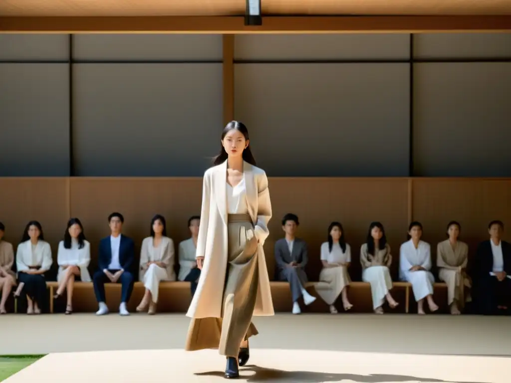 Influencia del Zen en moda: Desfile en Tokyo con modelos luciendo prendas minimalistas y serenas en un jardín japonés