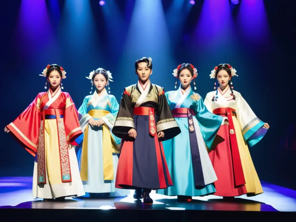 Influencia del KPop en moda: Grupo de ídolos KPop en poses poderosas, vistiendo hanbok tradicional con detalles vibrantes, en un escenario iluminado dramáticamente