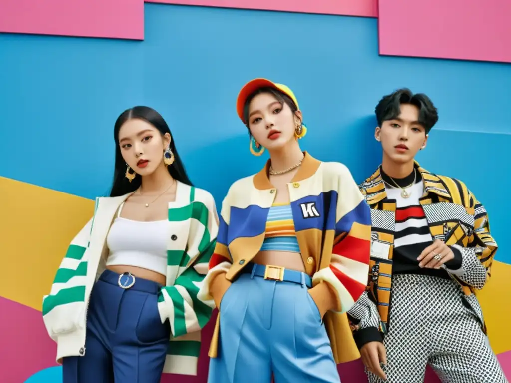 Influencia del KPop en moda: Jóvenes con estilo lucen moda callejera KPop vibrante en escenario urbano