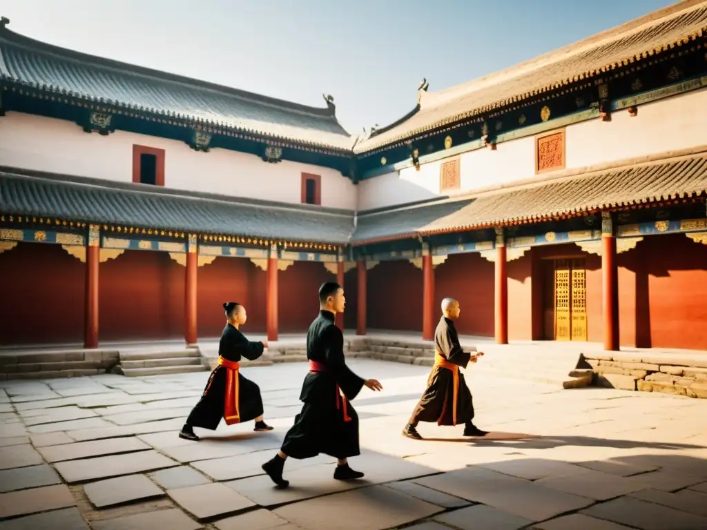 Influencia del monacato en el Wushu moderno: Practicantes de Wushu en trajes tradicionales realizan movimientos precisos en un patio sereno junto a antiguos muros de monasterio