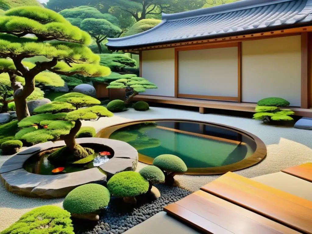 Influencia samurai en jardinería japonesa: Jardín japonés sereno con bonsáis y estanque, reflejando la elegancia atemporal