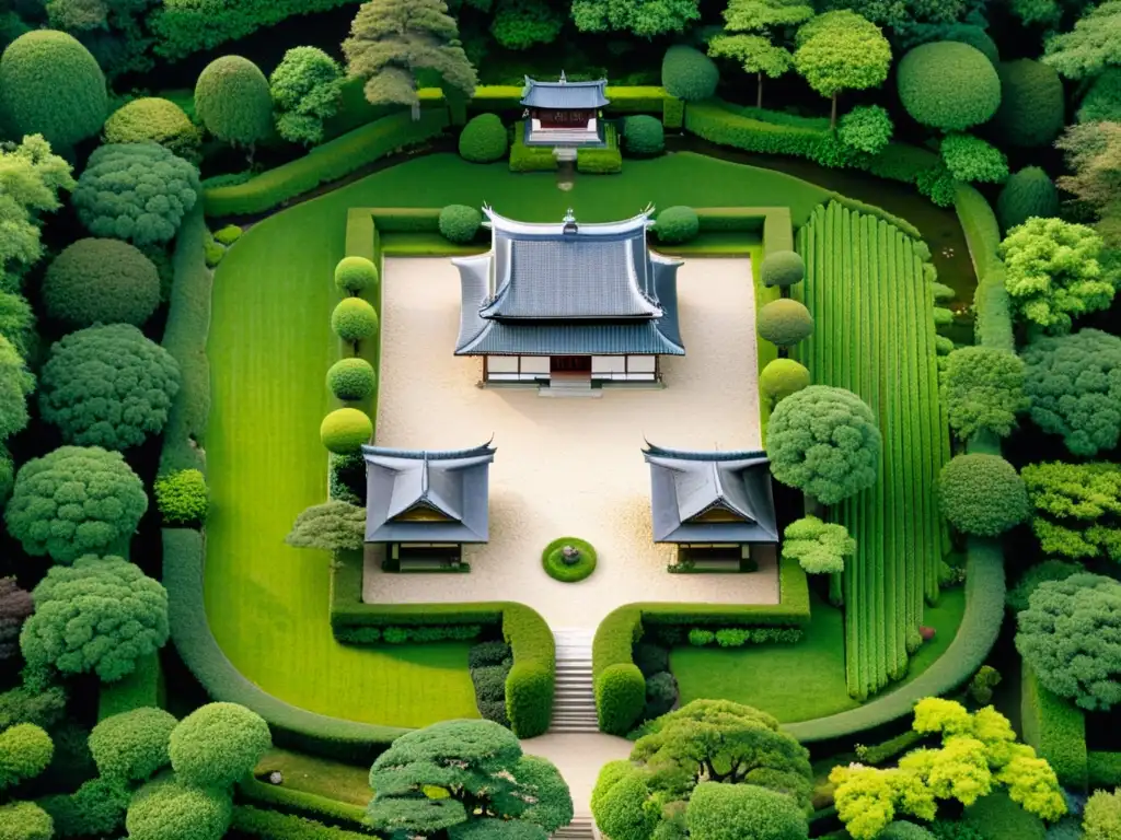 Influencia samurai en jardinería japonesa: Una vista aérea de los jardines de un castillo feudal japonés, con diseño meticuloso y atmósfera serena