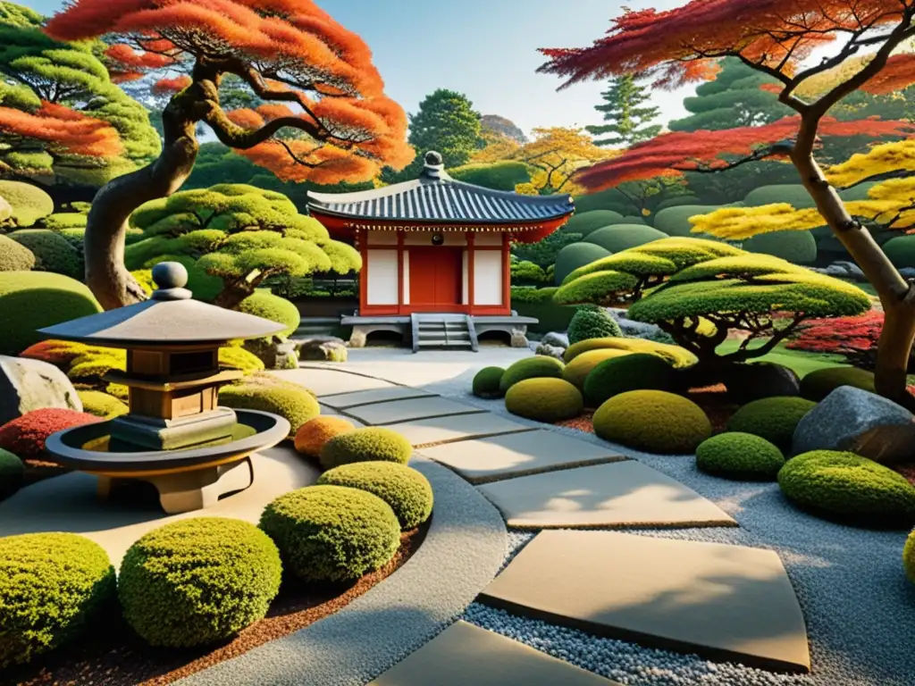 Influencia samurai en jardinería japonesa: Imagen de un sereno jardín japonés con bonsáis, senderos de grava y una linterna de piedra, en medio de un vibrante follaje otoñal