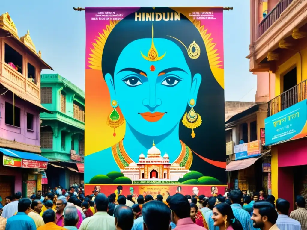 Influencia de textos sagrados en la vibrante calle de la India, donde un colorido póster de película fusiona la mitología hindú con el cine moderno, pintado con cuidado por un artista local