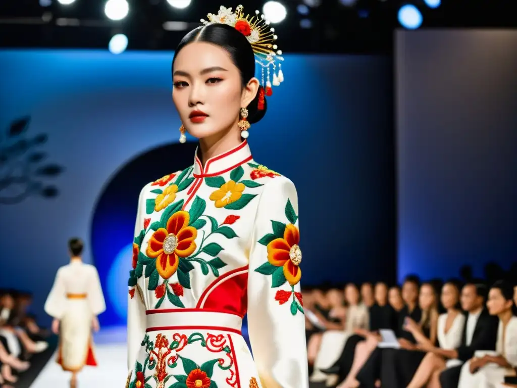 Influencia de la tradición china: modelo de alta moda desfila con elegancia en una pasarela luciendo un exquisito vestido de seda con bordados chinos, fusionando tradición y couture occidental