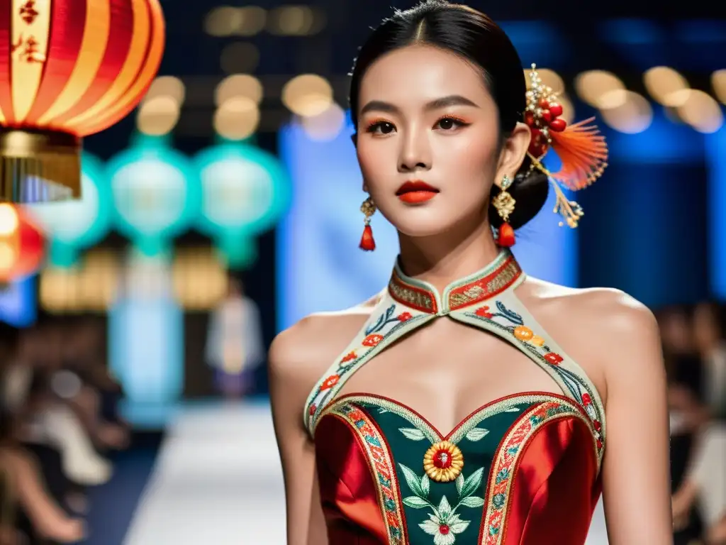 Influencia de la tradición china: Modelo deslumbra en pasarela con elegante vestido de seda y bordados, fusionando moda y herencia cultural