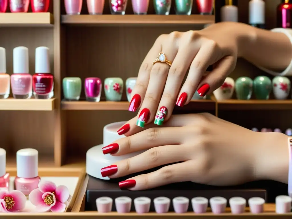 Influencias asiáticas en la manicura: Un delicado diseño de cerezos pintado en las uñas por una hábil técnica, con detalles y atmósfera serena