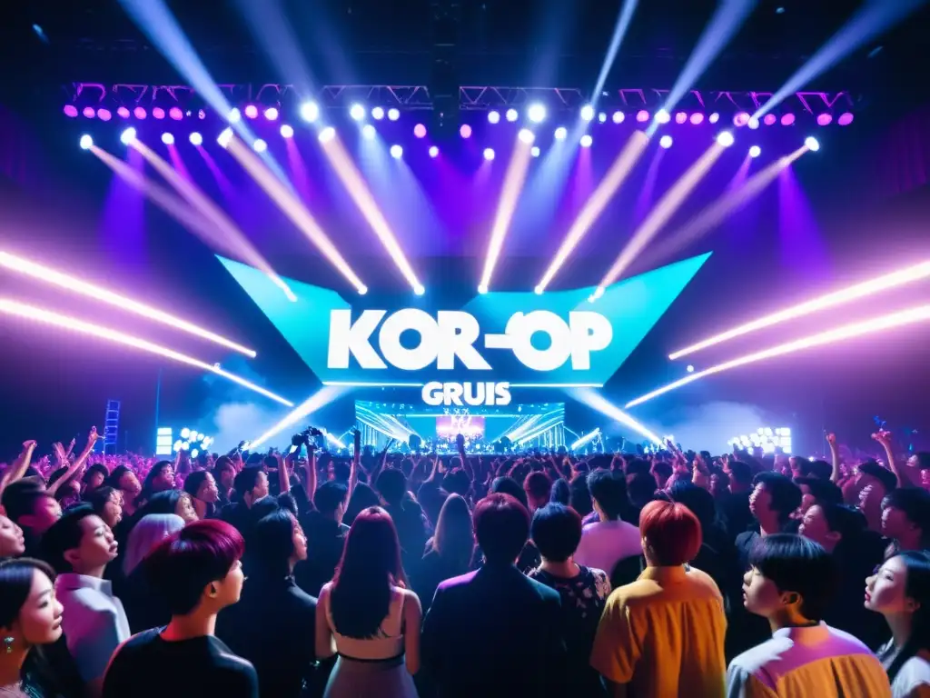 Influencias del KPop y JPop: Concierto lleno de energía con fans apasionados y grupo KPop en escenario, luces vibrantes y atmósfera eléctrica