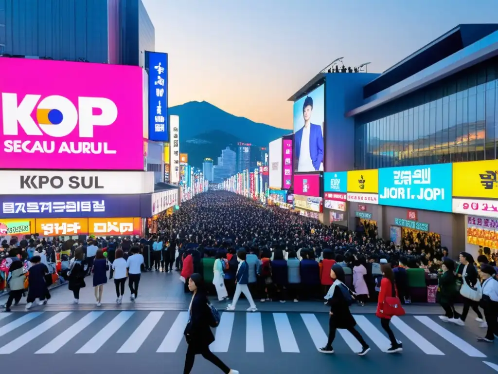 Influencias del KPop y JPop cobran vida en una calle vibrante de Seúl, con fans entusiastas y coloridos anuncios