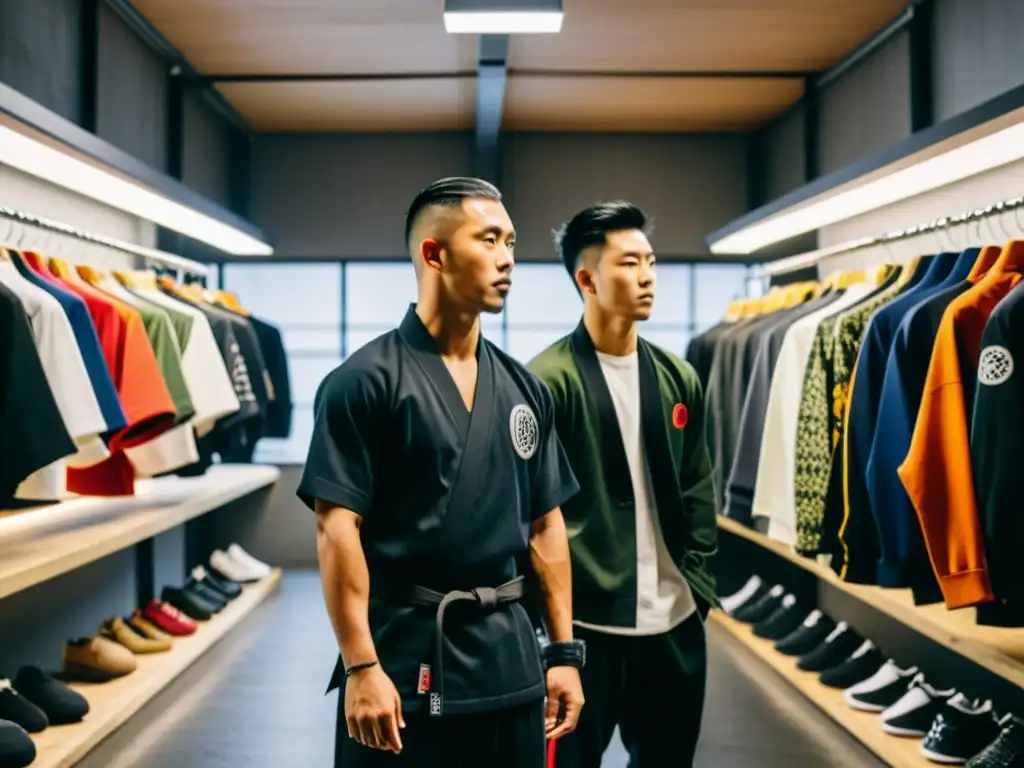 Influyentes diseñadores de streetwear se reúnen en un dojo industrial, rodeados de ropa urbana en colores vibrantes y patrones intrincados