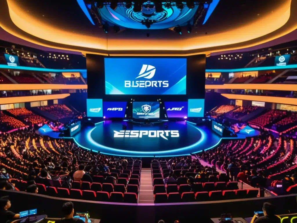 Infraestructura eSports Asia: Una arena llena de energía con torneos en vivo, pantallas gigantes y una multitud diversa de fanáticos entusiastas