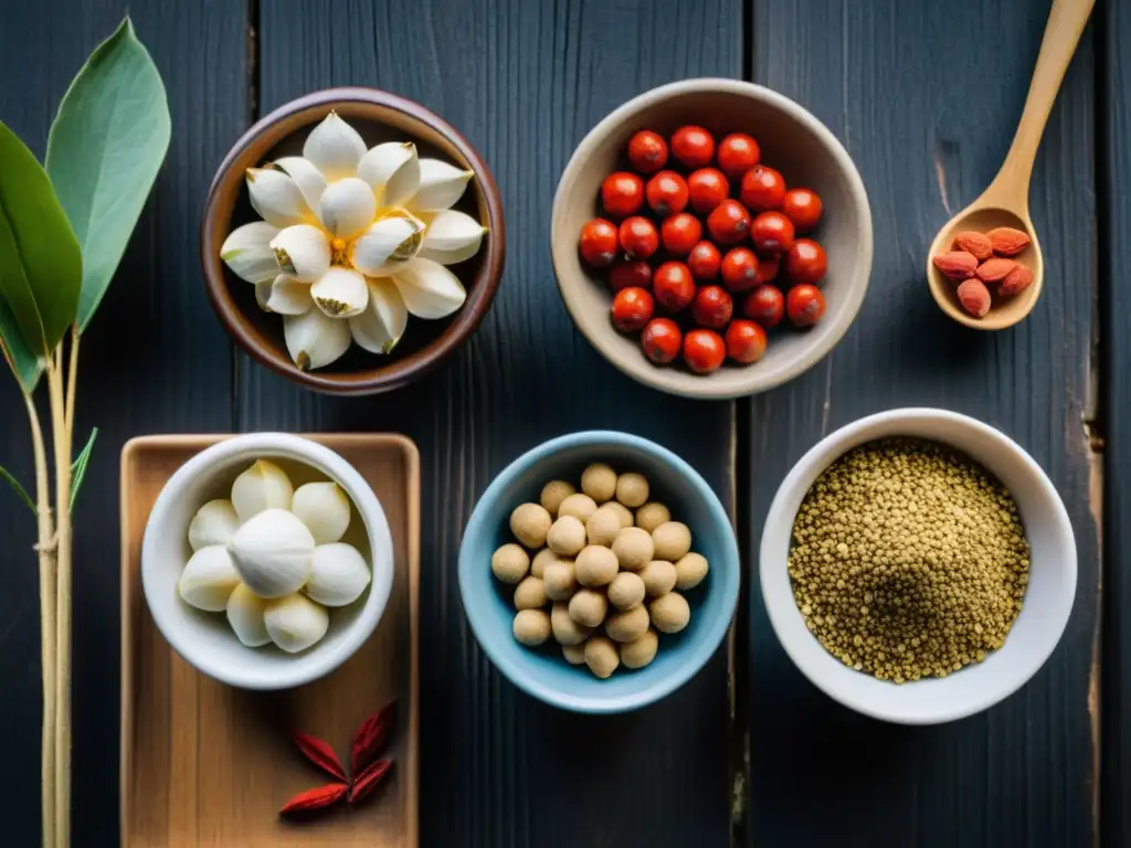 Ingredientes tradicionales chinos como ginseng y bayas de goji en cuencos de cerámica