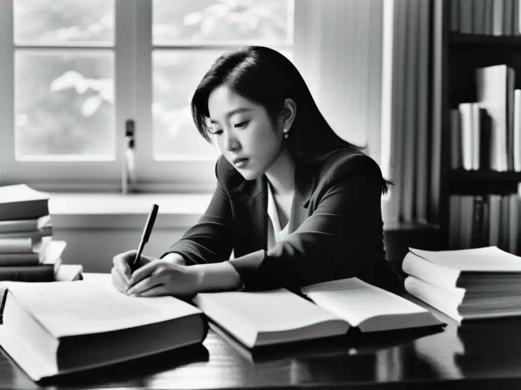 Banana Yoshimoto, inmersa en su escritura, rodeada de libros y papeles en su estudio