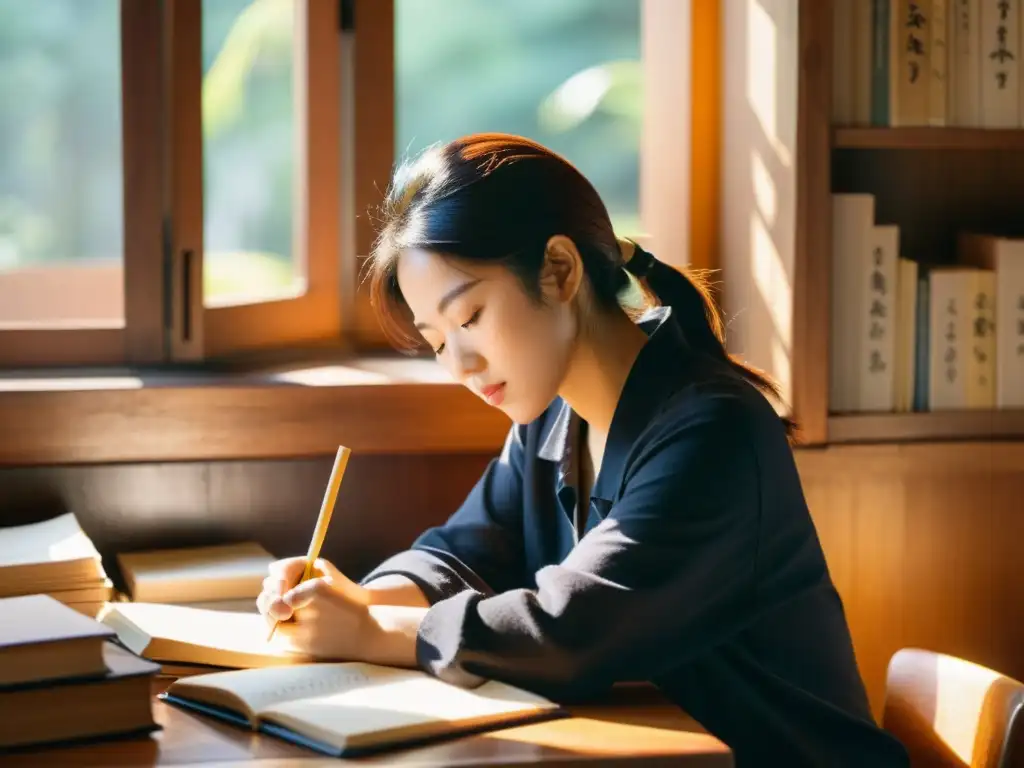 Banana Yoshimoto inmersa en la escritura rodeada de libros y papeles, iluminada por la cálida luz del sol