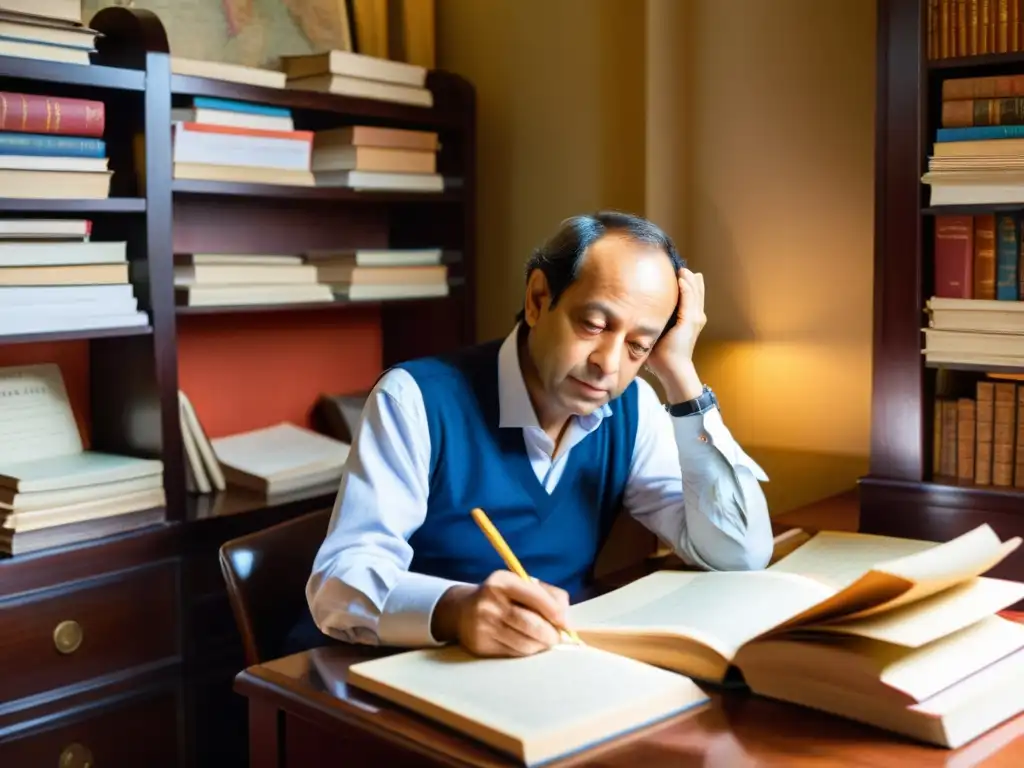 Vikram Seth inmerso en la escritura en un acogedor estudio, reflejando la temática transnacional de autores indios escriben desde el extranjero