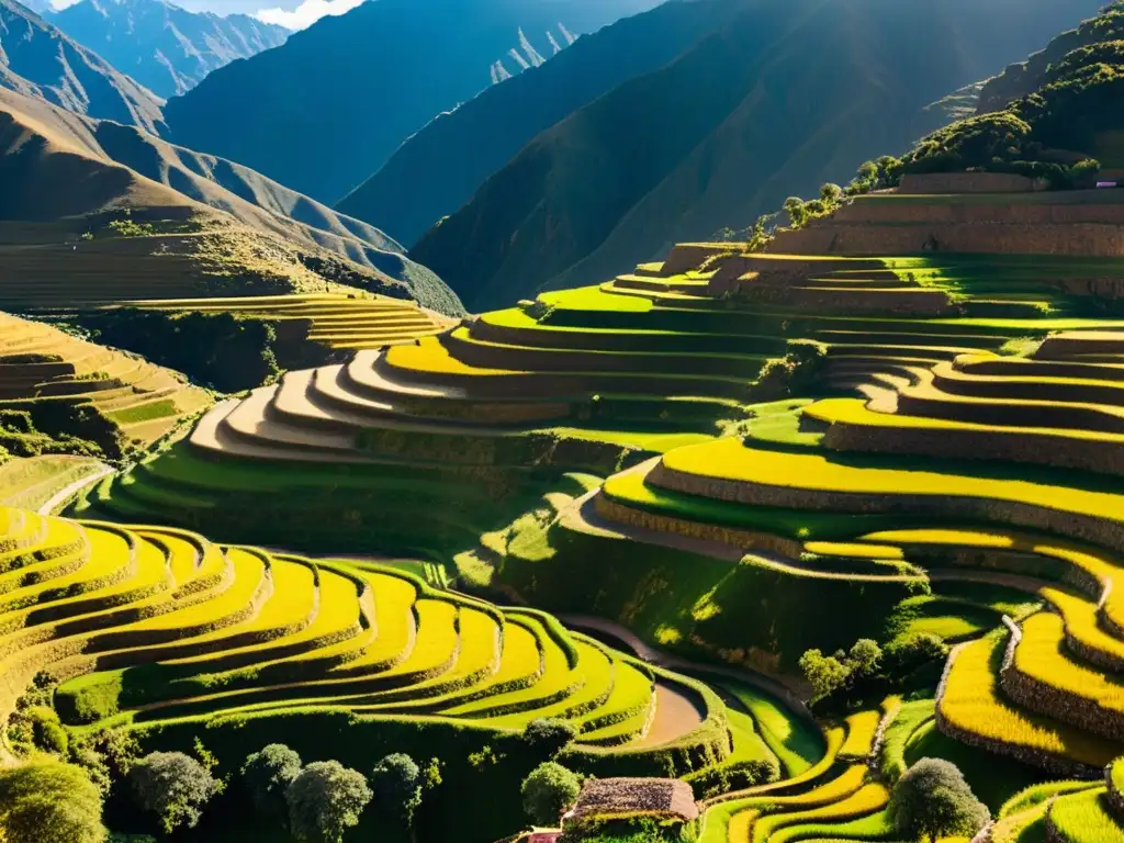 Innovaciones antiguas en cultivo tierra: terrazas agrícolas incas en los Andes, bañadas por luz dorada, exhiben técnica ancestral