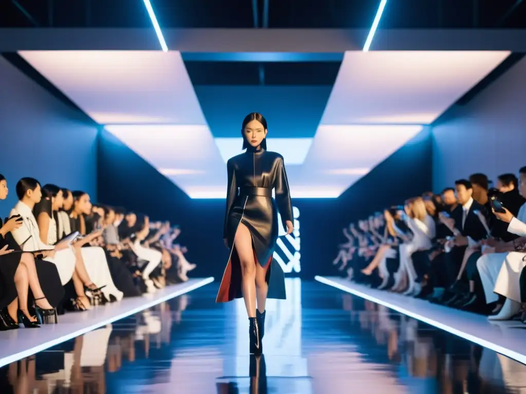 Desfile futurista japonés: moda vanguardista y tecnología Innovaciones de diseñadores destacados en Japan Fashion Week: desfile de moda futurista en 8k con diseños vanguardistas y ambiente hightech