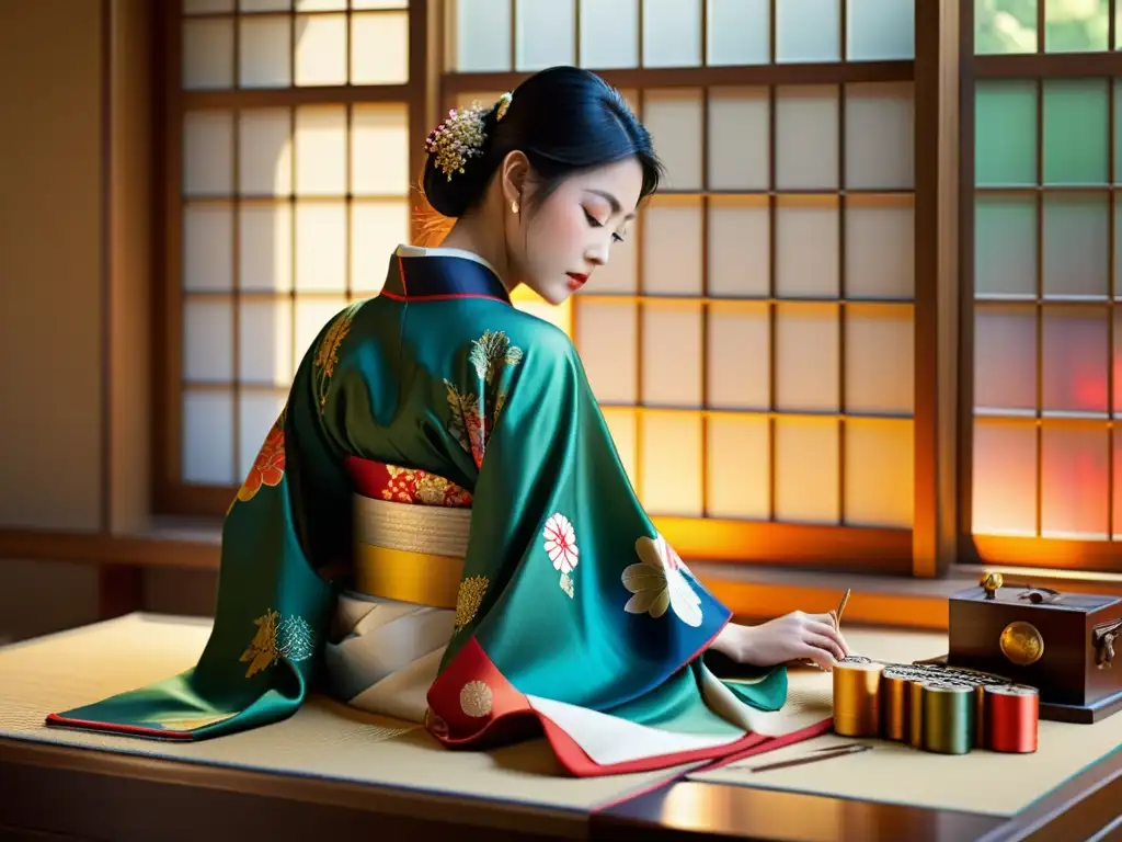 Diseñador japonés bordando un kimono con maestría y dedicación Innovaciones diseñadores destacados Japan Fashion Week: Un diseñador japonés confeccionando un kimono, rodeado de hilos y herramientas de costura, bajo la cálida luz del sol