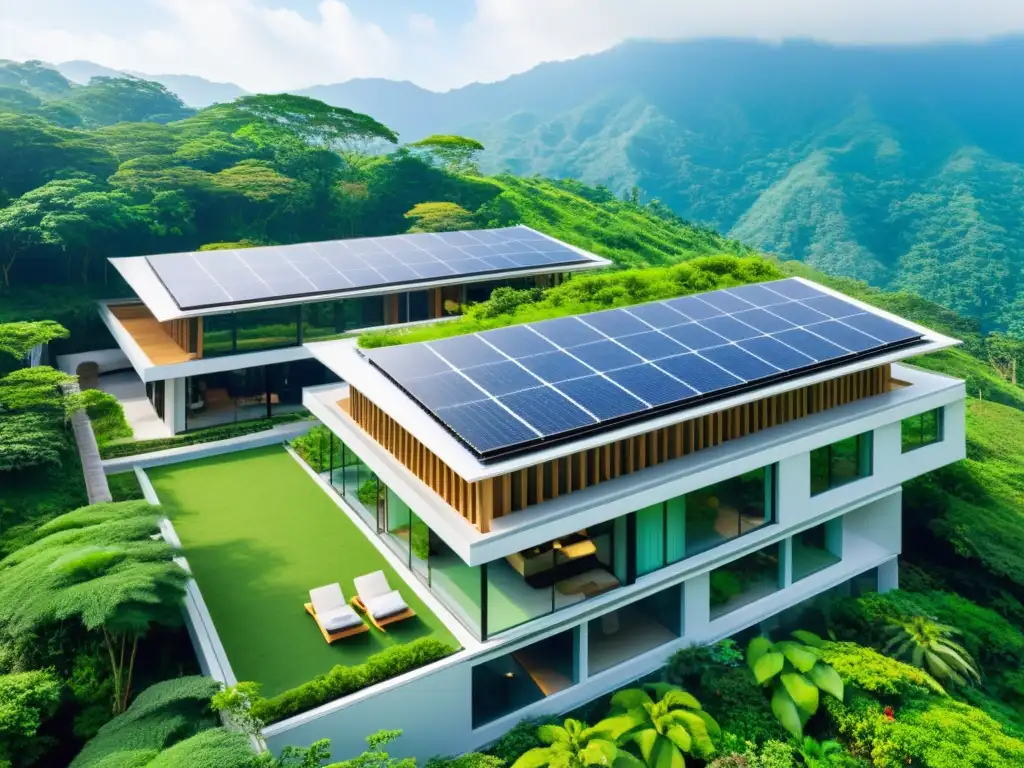 Innovaciones en eficiencia energética en la arquitectura asiática: moderno edificio sostenible con paneles solares, techos verdes y diseño innovador