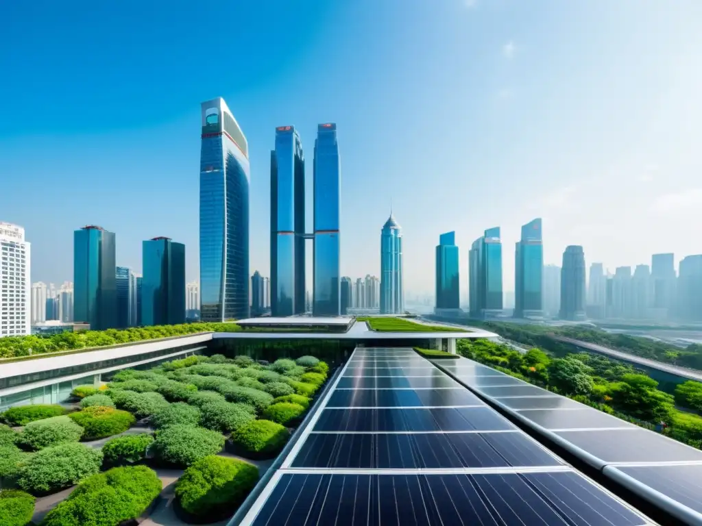 Innovaciones en eficiencia energética en la arquitectura asiática: moderno rascacielos con paneles solares y jardín en la azotea, rodeado de una bulliciosa ciudad sostenible