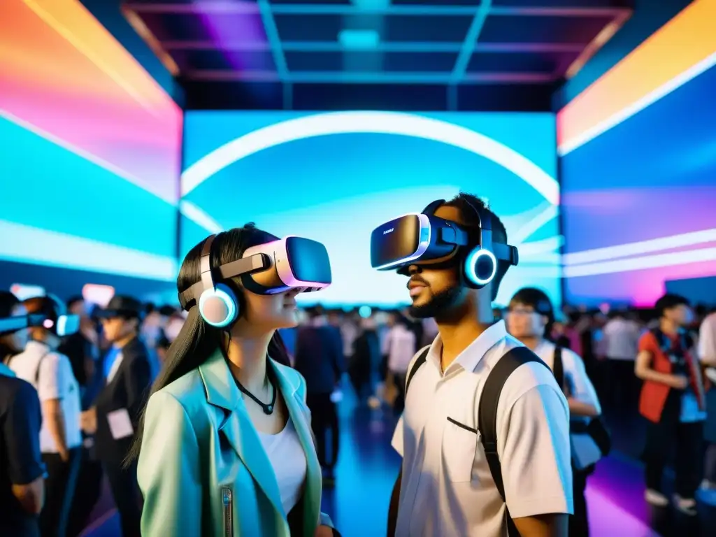 Innovaciones tecnológicas en anime: Convención anime futurista con tecnología de realidad virtual y aumentada, vibrante y dinámica