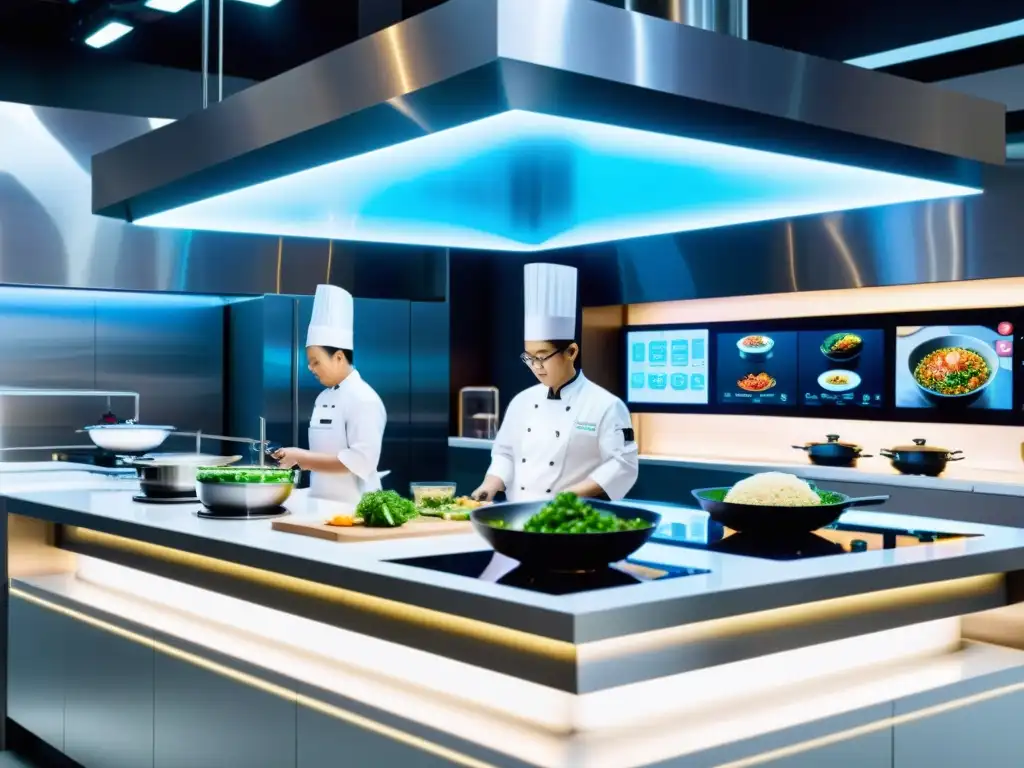 Innovaciones tecnológicas gastronomía asiática: Cocina futurista llena de aparatos avanzados y chefs colaborando en platos innovadores