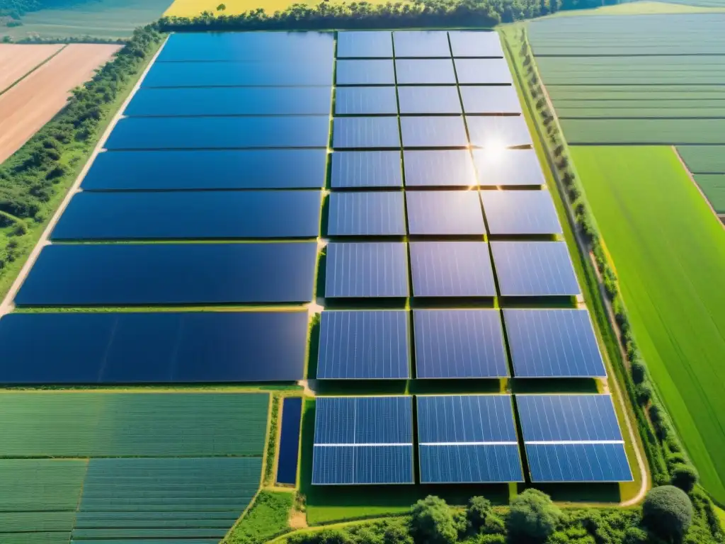 Innovaciones tecnológicas medioambientales asiáticas: avanzada instalación solar en el campo asiático, con paneles relucientes y paisaje natural