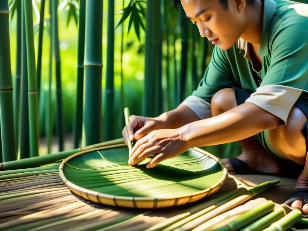 Innovaciones en el uso del bambú: Artesano asiático tejiendo cuidadosamente una cesta de bambú, con la luz del sol filtrándose a través del bosque de bambú, creando sombras intrincadas en el suelo