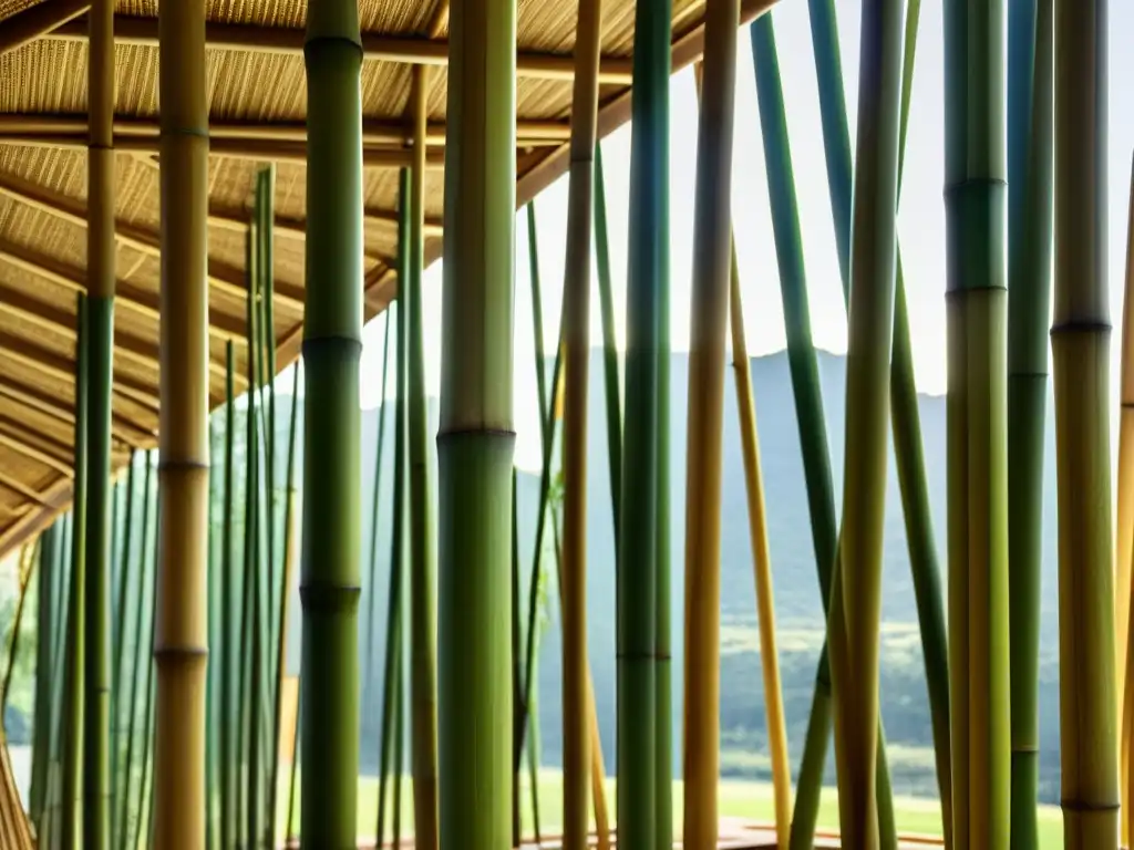 Innovaciones en el uso del bambú: Detalle de estructura arquitectónica contemporánea hecha de bambú, resaltando su textura natural y diseño innovador, bañada en cálida luz natural