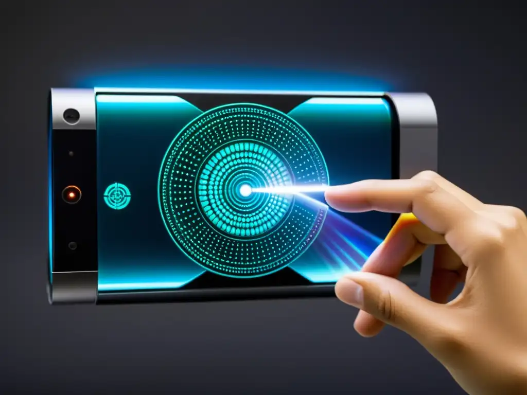 Un innovador gadget asiático revolucionario 2023 con holograma y diseño futurista en una ciudad tecnológica