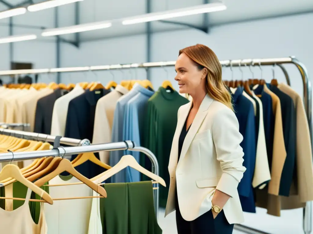 Stella McCartney inspecciona ropa sustentable en un atelier ecoamigable