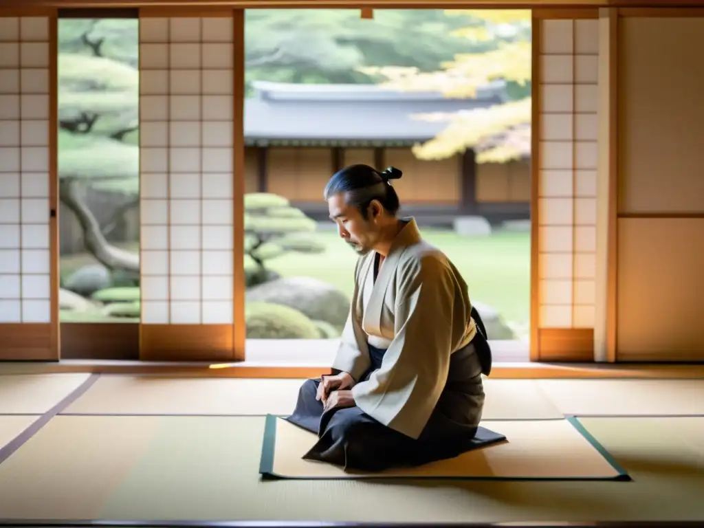 Matsuo Basho inspirado en la naturaleza, escribe poesía en un tranquilo tatami, evocando la visión del mundo en la poesía de Basho