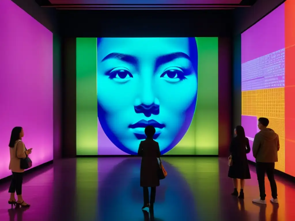 Instalación de arte asiático contemporáneo con proyecciones digitales vibrantes, colores audaces y espectadores comprometidos en un museo