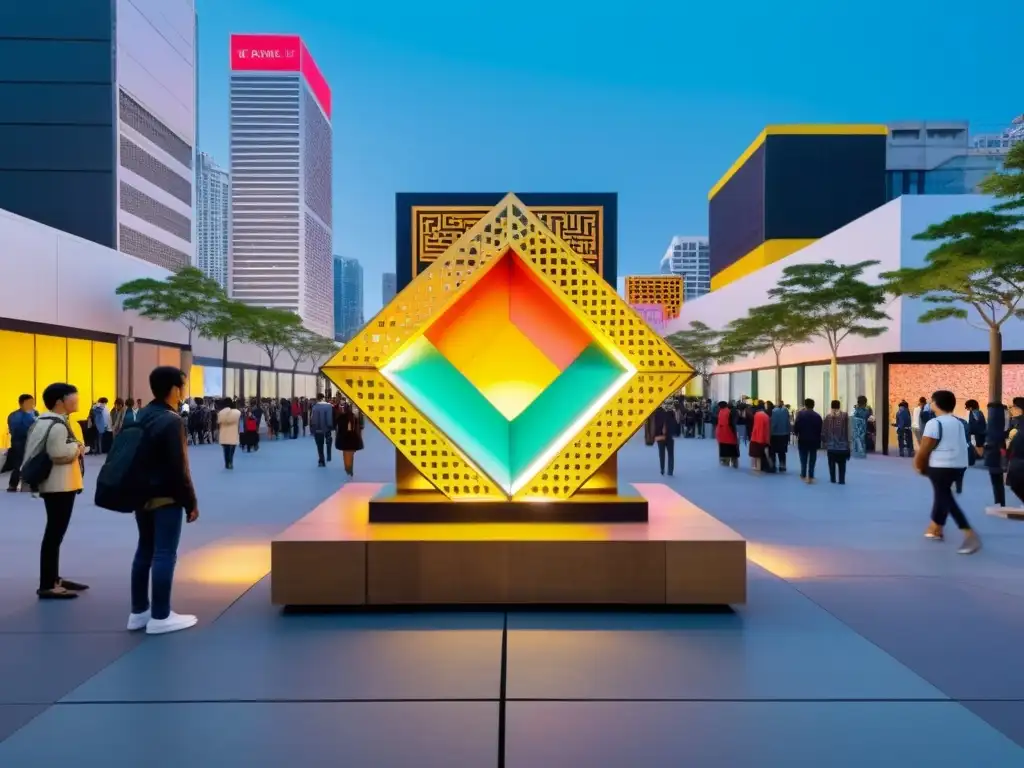 Una instalación contemporánea de arte en una bulliciosa ciudad de Asia, con patrones geométricos coloridos y materiales diversos