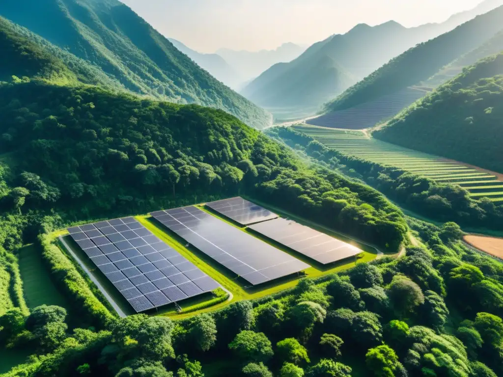 Instalación de minería de criptomonedas en un valle asiático, rodeada de naturaleza exuberante y paneles solares